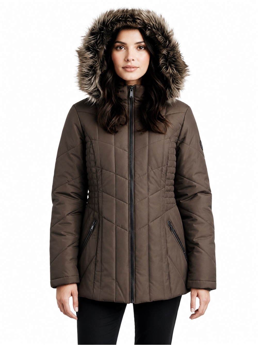 Women’s d.e.t.a.i.l.s Quilted Jacket with Zip-Off Faux Fur Hood – Brown Large